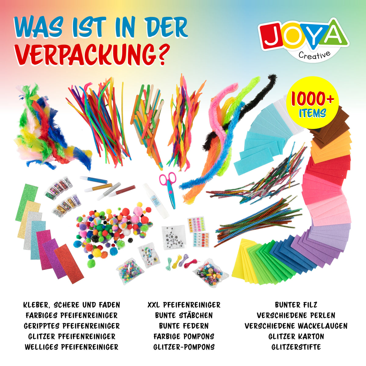 Joya Creative Bastelkoffer 1000 Teile – Komplettes Bastelset für Kinder mit Bastelmaterialien im Aufbewahrungskoffer