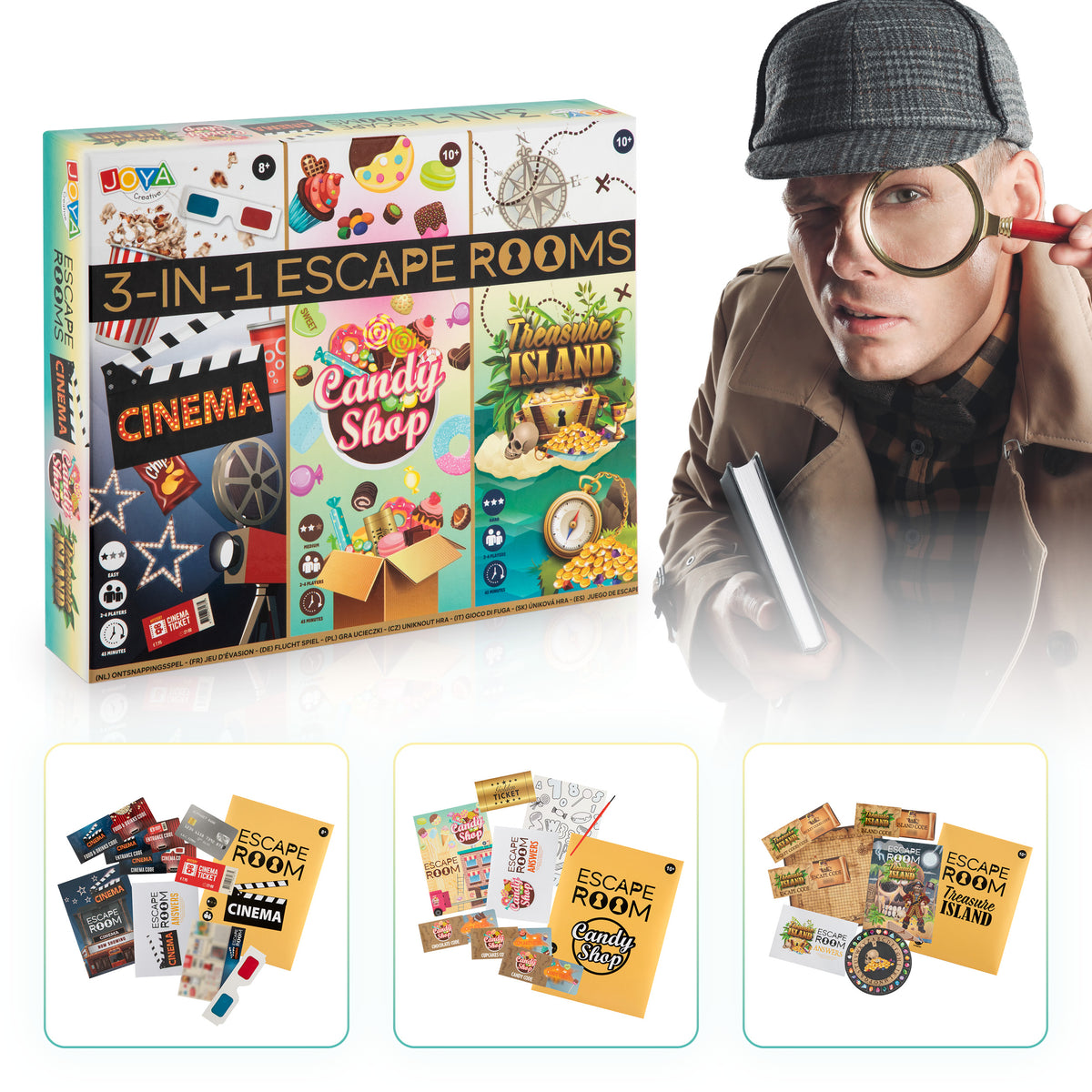 Joya Creative 3-in-1 Escape Room Spiel – Gesellschaftsspiel mit Denksportaufgaben und Rätseln für die ganze Familie