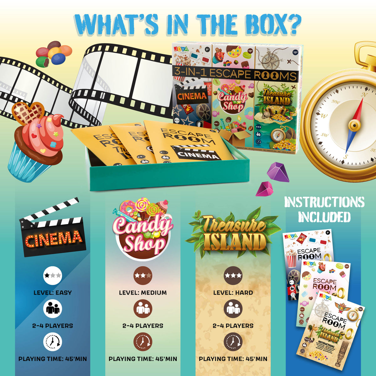 Joya Creative 3-in-1 Escape Room Game – Board Game with Brain Teasers and Puzzles for the Whole Family