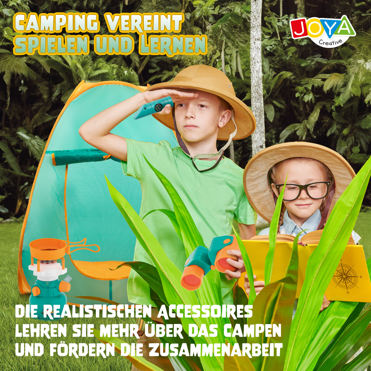 Joya Creative Camping Spielset mit Pop-up Zelt – Camping Set für Kinder mit Outdoor Zubehör