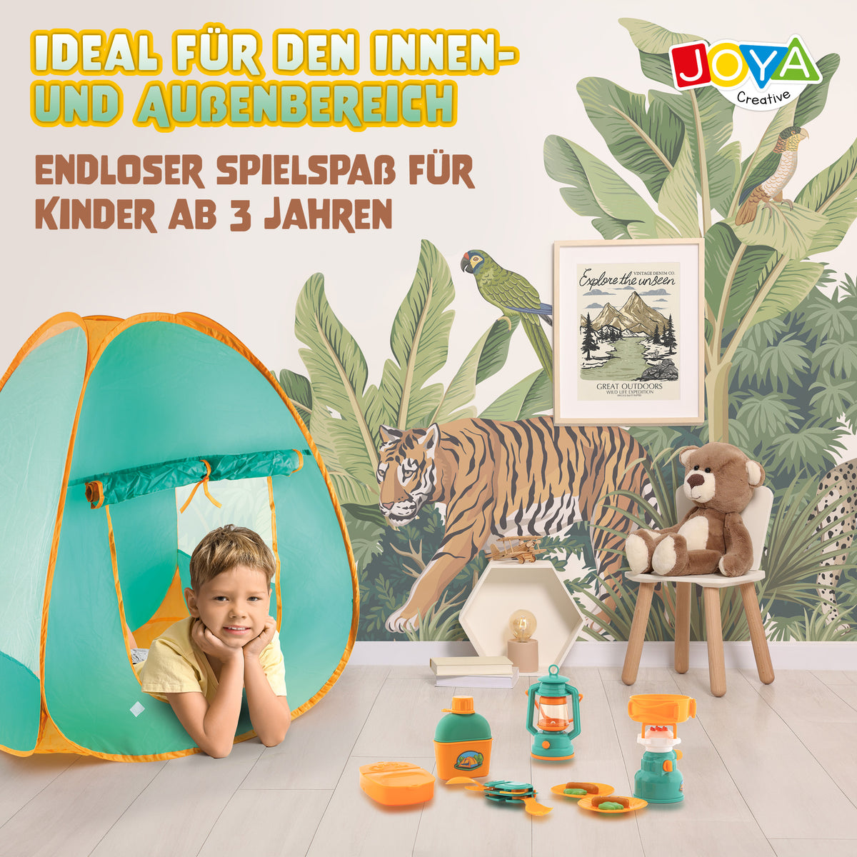 Joya Creative Camping Spielset mit Pop-up Zelt – Camping Set für Kinder mit Outdoor Zubehör