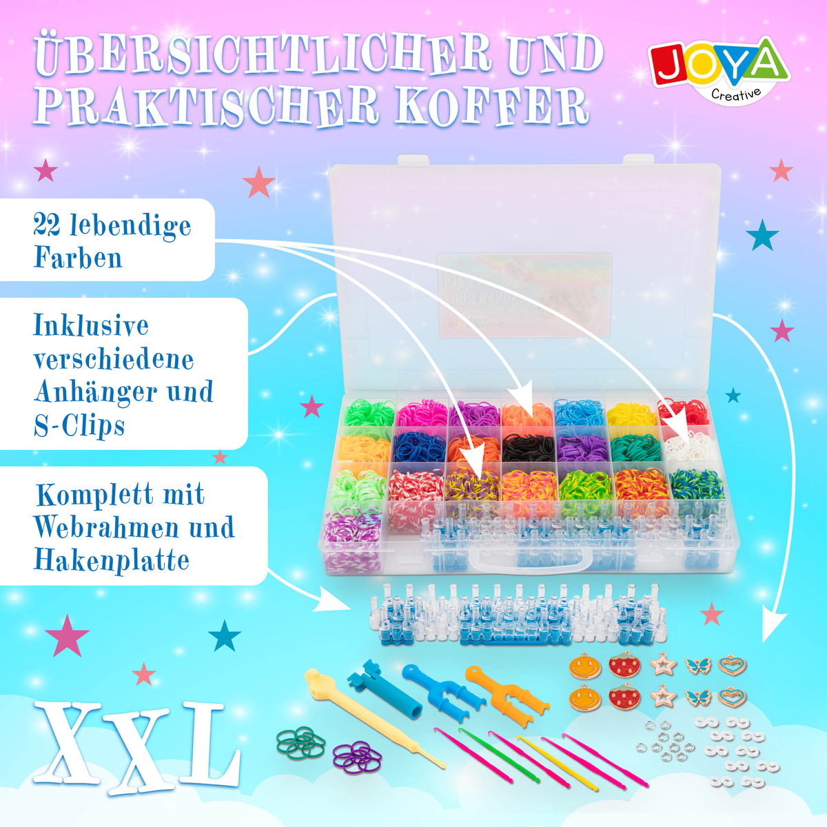 Joya Kreativ Loom Bänder Set 6000 Teile – Starter-Set zum Armbänder Knüpfen mit Loom, Charms & Zubehör