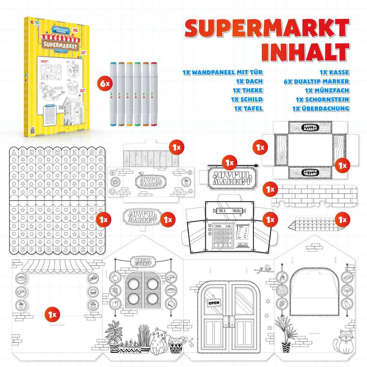Joya Kreatives Baue-Deinen-Eigenen-Supermarkt – Lebensgroßes Papp-Spielhaus zum Bauen, Ausmalen und Spielen mit 6 Markern