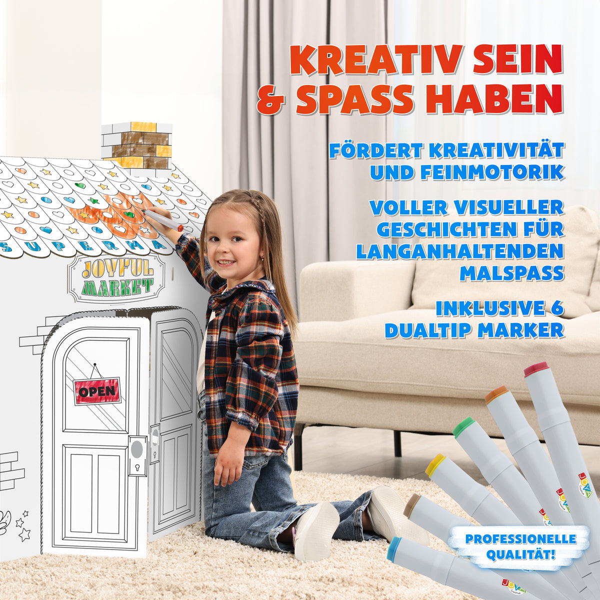 Joya Kreatives Baue-Deinen-Eigenen-Supermarkt – Lebensgroßes Papp-Spielhaus zum Bauen, Ausmalen und Spielen mit 6 Markern