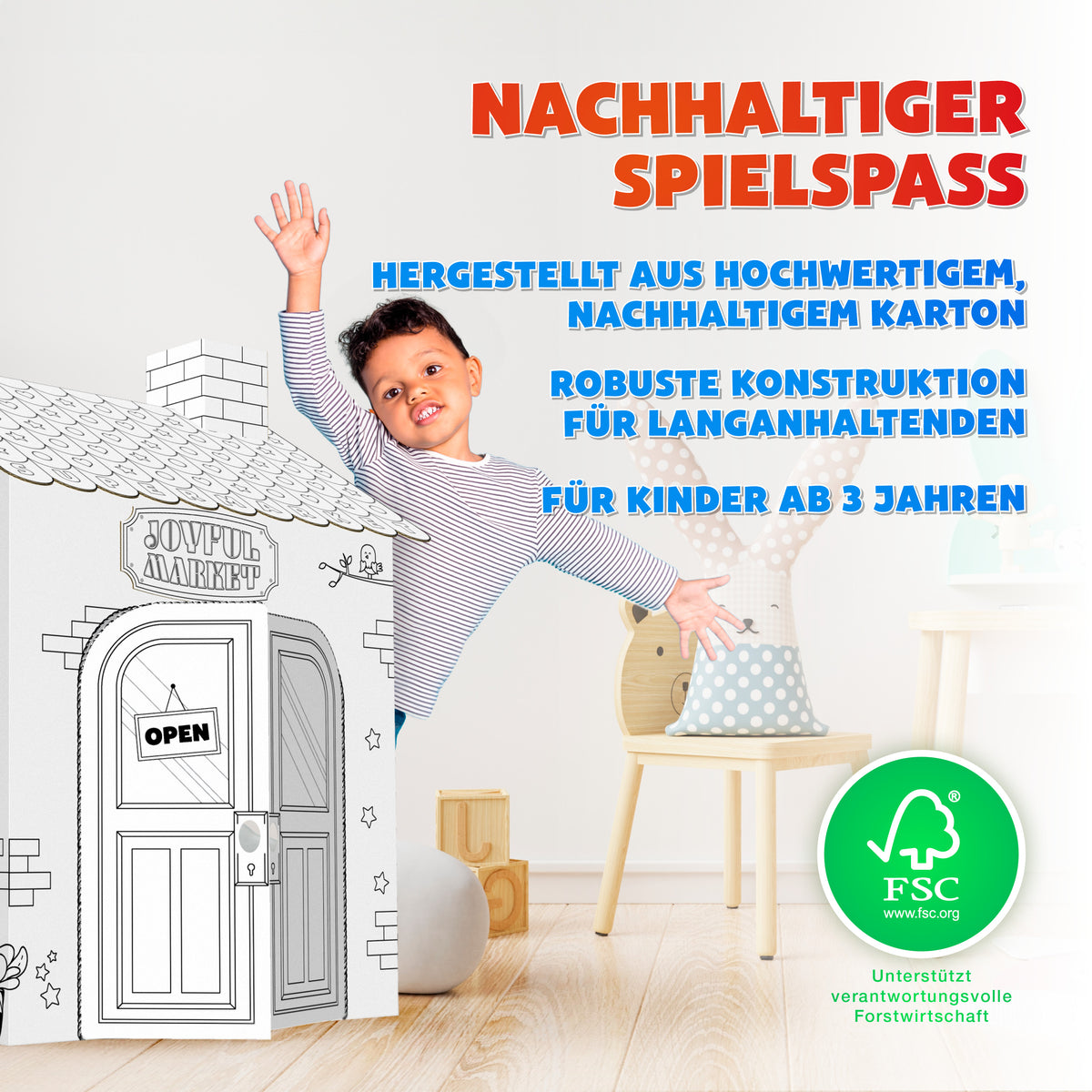 Joya Kreatives Baue-Deinen-Eigenen-Supermarkt – Lebensgroßes Papp-Spielhaus zum Bauen, Ausmalen und Spielen mit 6 Markern