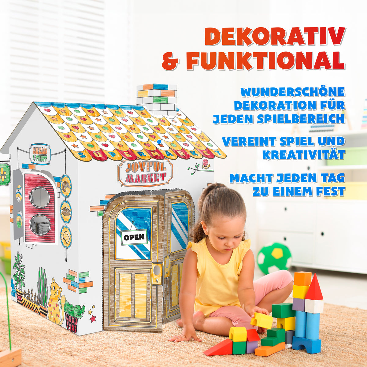 Joya Kreatives Baue-Deinen-Eigenen-Supermarkt – Lebensgroßes Papp-Spielhaus zum Bauen, Ausmalen und Spielen mit 6 Markern