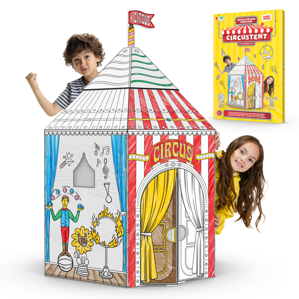 Joya Kreatives Gestalte-Deinen-Eigenen-Zirkus – Lebensgroßes Karton-Spielhaus zum Bauen, Ausmalen und Spielen mit 6 Markern