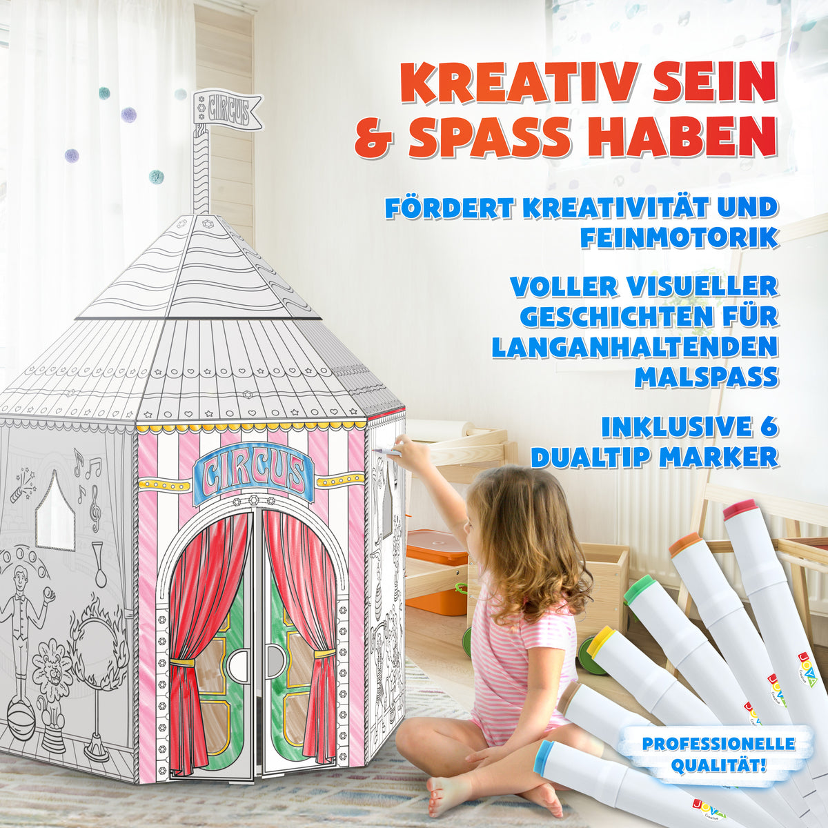Joya Kreatives Gestalte-Deinen-Eigenen-Zirkus – Lebensgroßes Karton-Spielhaus zum Bauen, Ausmalen und Spielen mit 6 Markern