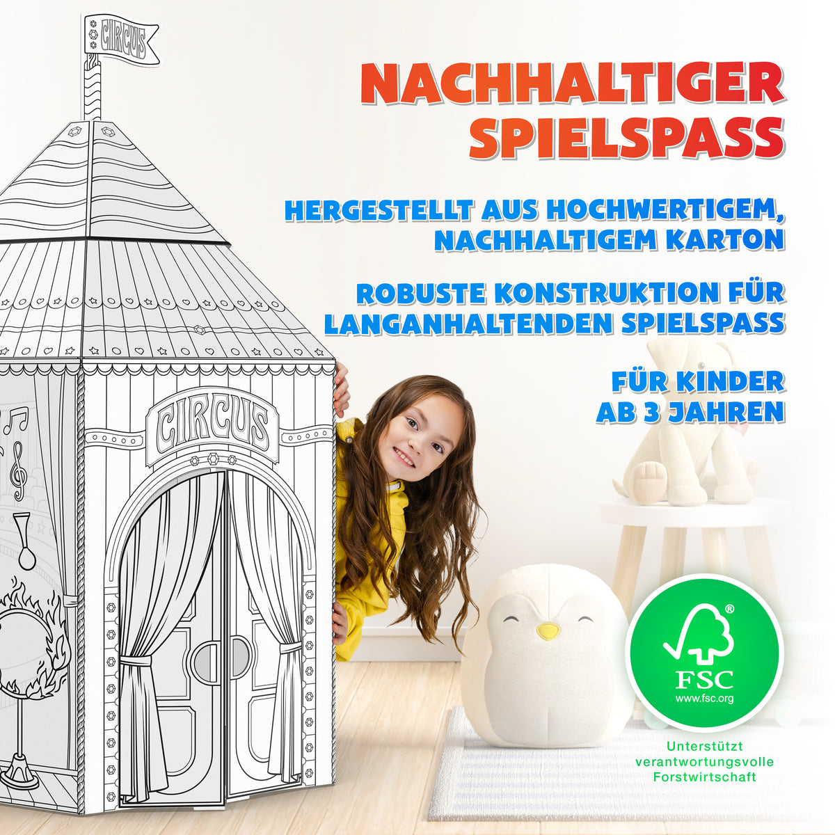 Joya Kreatives Gestalte-Deinen-Eigenen-Zirkus – Lebensgroßes Karton-Spielhaus zum Bauen, Ausmalen und Spielen mit 6 Markern