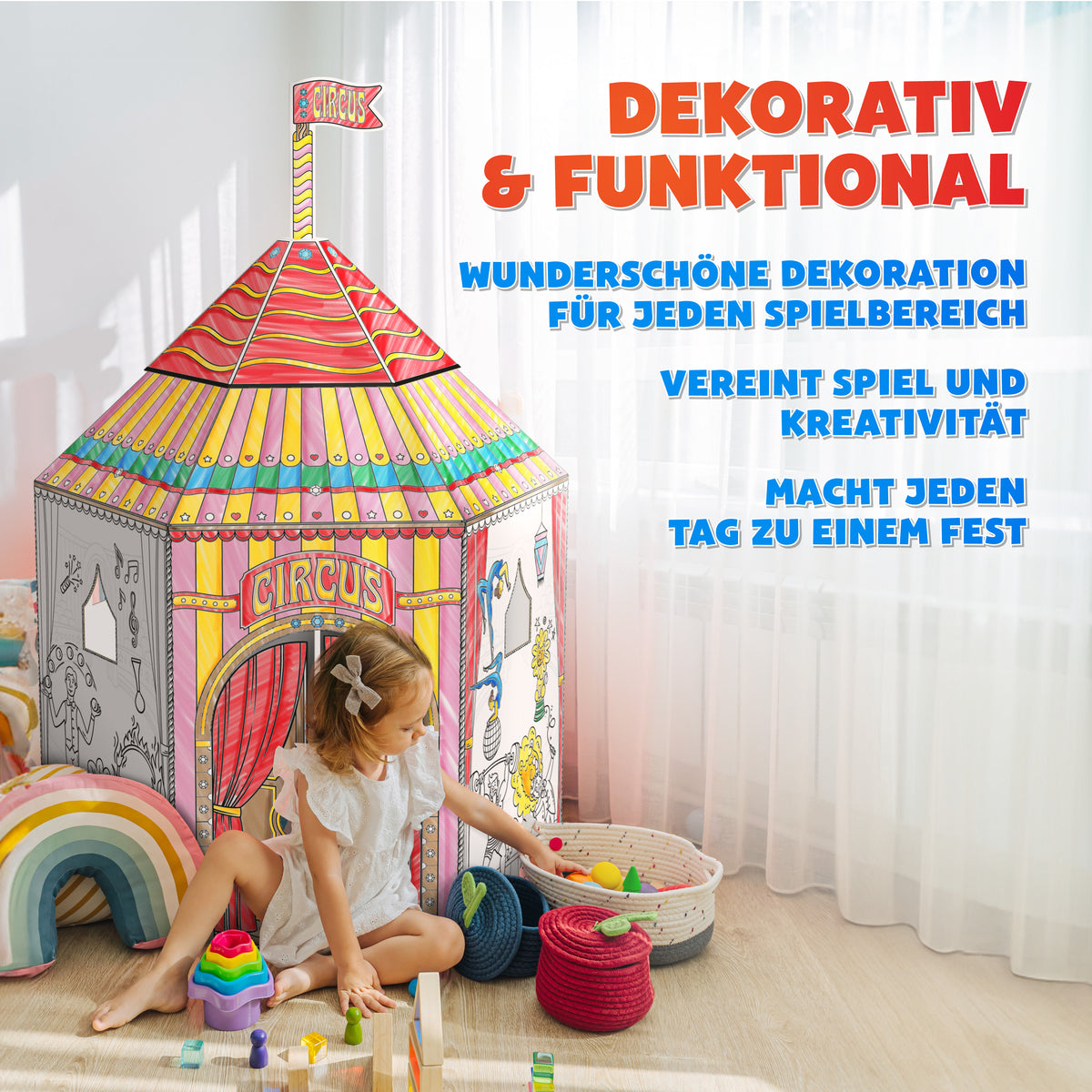 Joya Kreatives Gestalte-Deinen-Eigenen-Zirkus – Lebensgroßes Karton-Spielhaus zum Bauen, Ausmalen und Spielen mit 6 Markern
