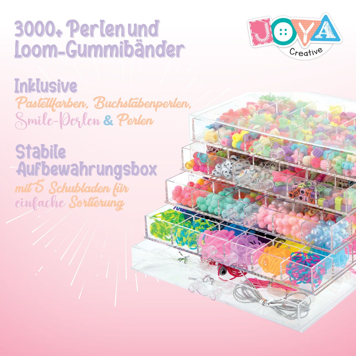 Joya Creative Mega Schmuck Bastelset 3000+ Teile – Perlset mit Buchstabenperlen, Perlen & Loom-Bändern für Mädchen