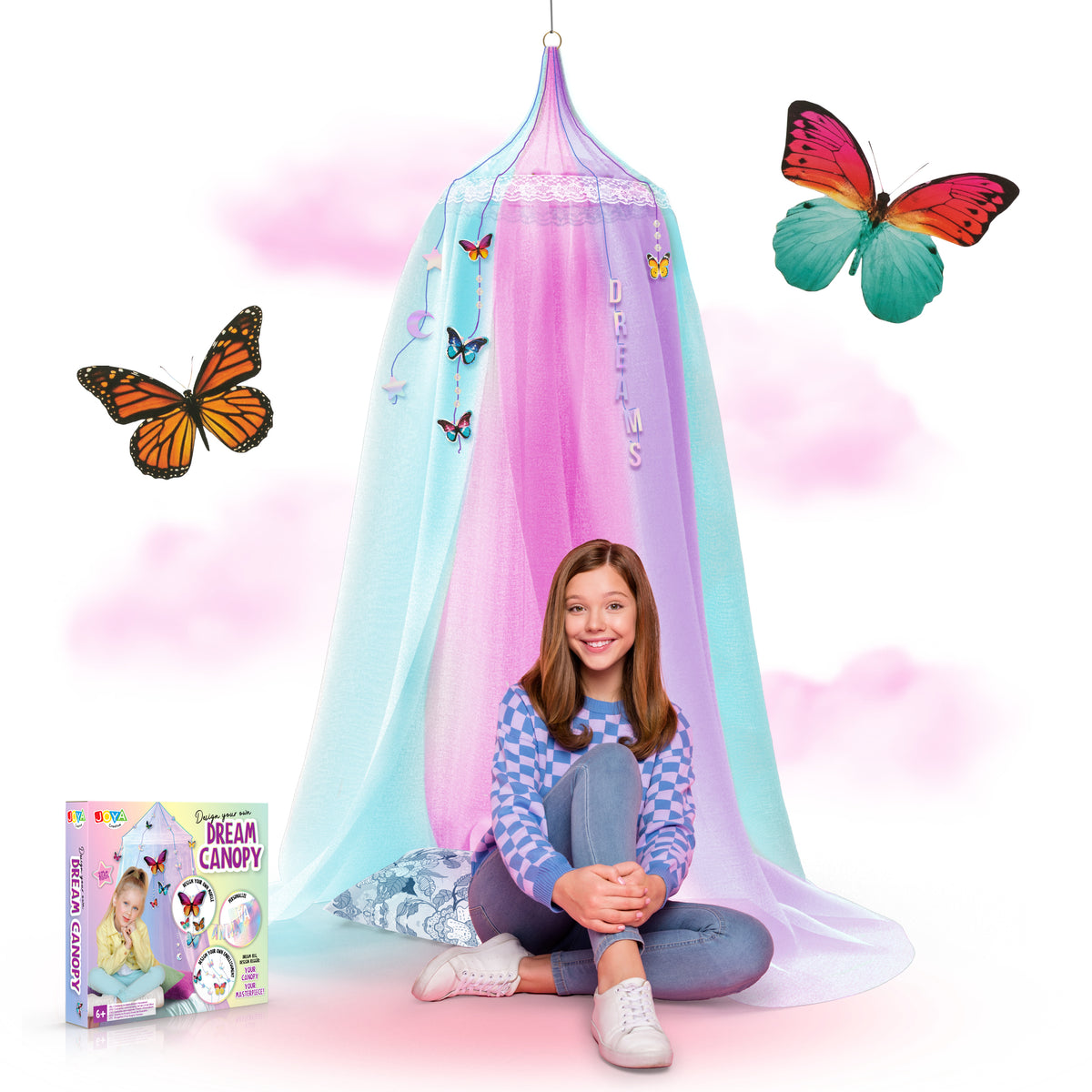 Joya Creative Himmelbett-Set zum Dekorieren – Personalisiere dein eigenes rosa Himmelbett mit Schmetterlingen, Diamanten und Buchstaben