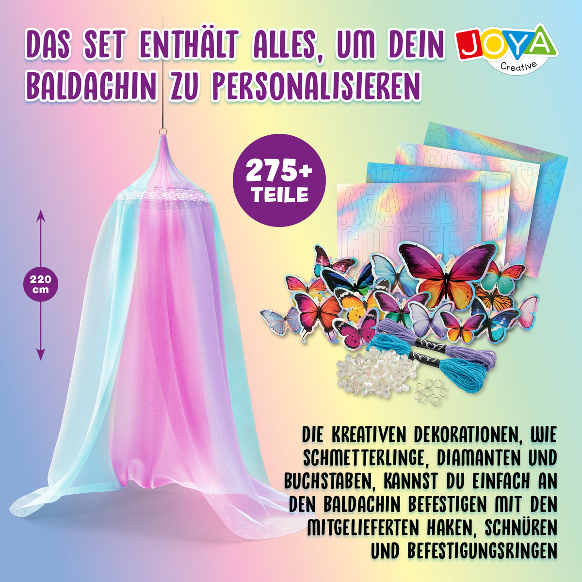 Joya Creative Himmelbett-Set zum Dekorieren – Personalisiere dein eigenes rosa Himmelbett mit Schmetterlingen, Diamanten und Buchstaben