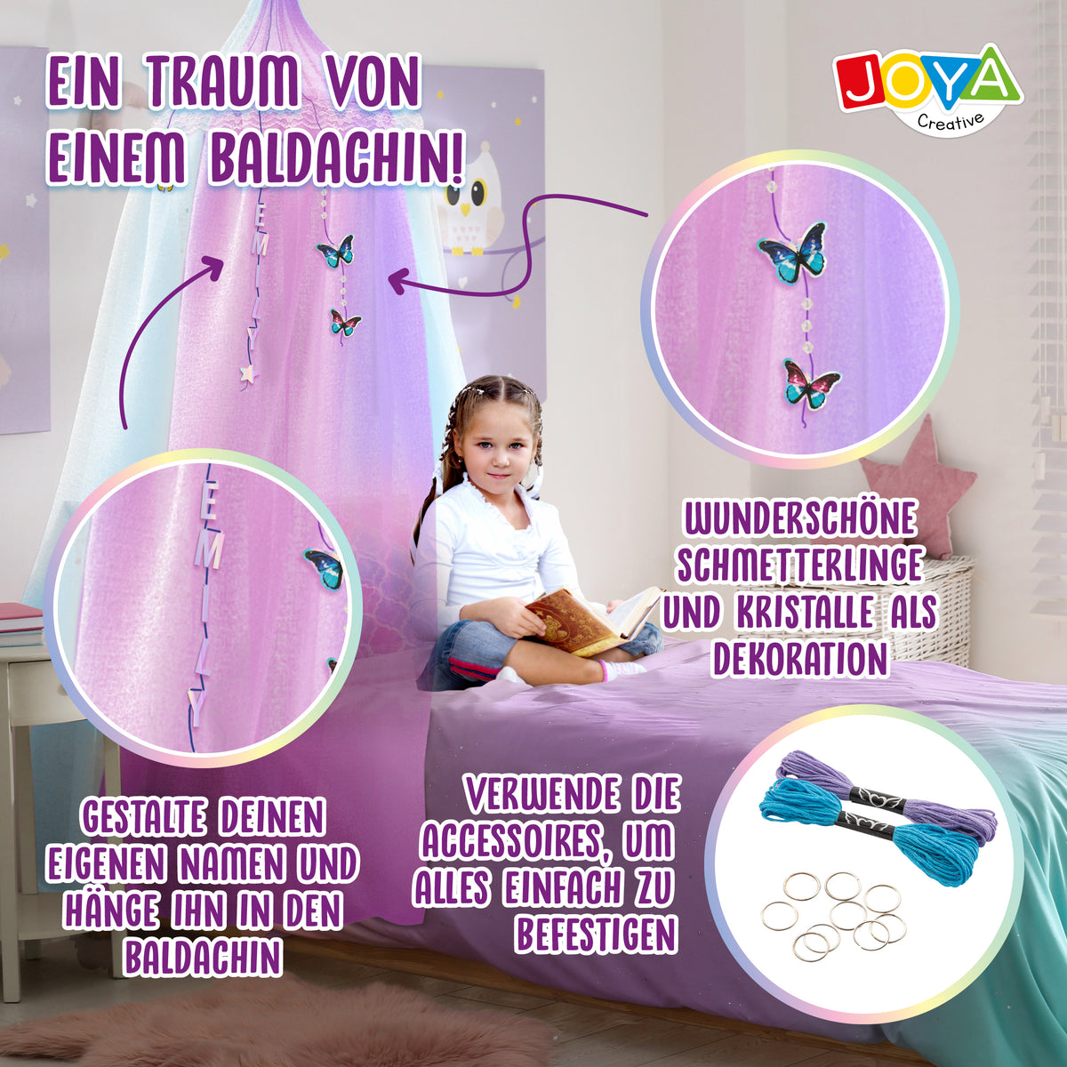 Joya Creative Himmelbett-Set zum Dekorieren – Personalisiere dein eigenes rosa Himmelbett mit Schmetterlingen, Diamanten und Buchstaben