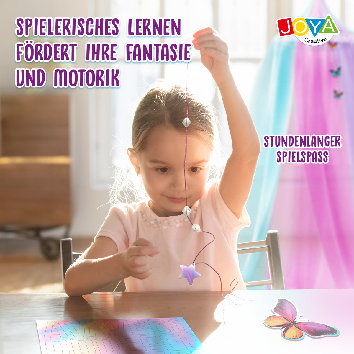 Joya Creative Himmelbett-Set zum Dekorieren – Personalisiere dein eigenes rosa Himmelbett mit Schmetterlingen, Diamanten und Buchstaben