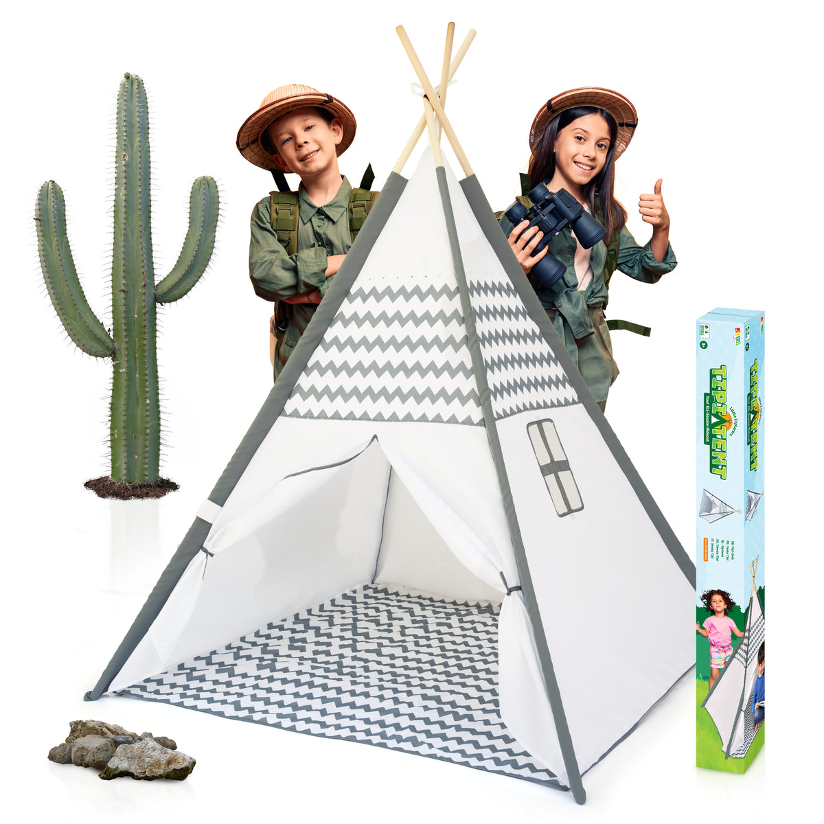 Joya Creative Tipi-Zelt für Kinder – Wigwam-Spielzelt mit Bodenmatte und FSC-Holzstangen