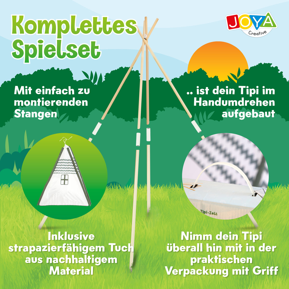 Joya Creative Tipi-Zelt für Kinder – Wigwam-Spielzelt mit Bodenmatte und FSC-Holzstangen