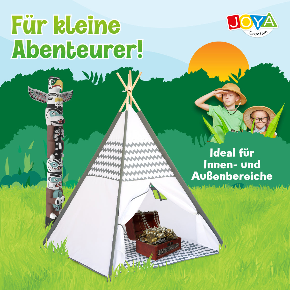 Joya Creative Tipi-Zelt für Kinder – Wigwam-Spielzelt mit Bodenmatte und FSC-Holzstangen