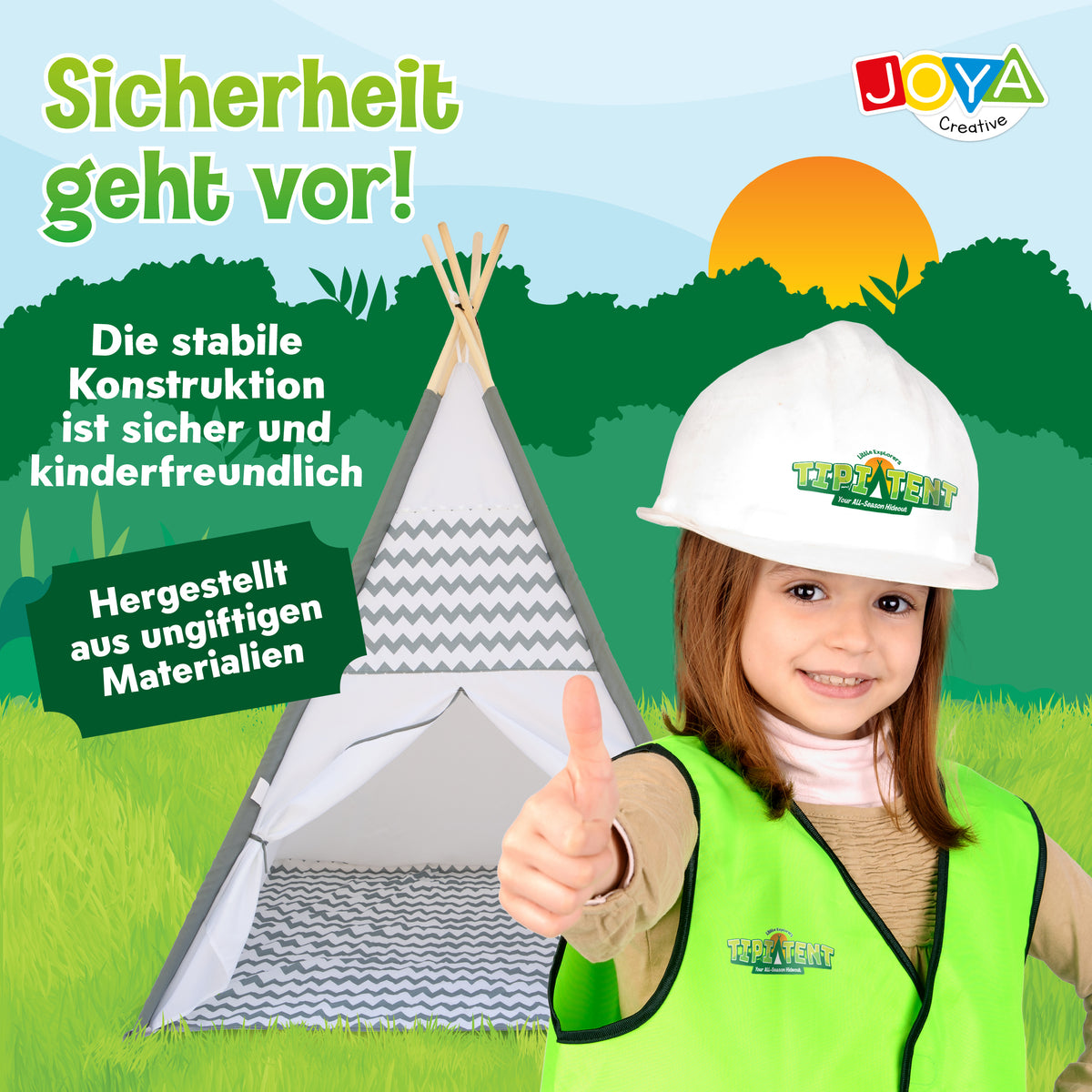 Joya Creative Tipi-Zelt für Kinder – Wigwam-Spielzelt mit Bodenmatte und FSC-Holzstangen