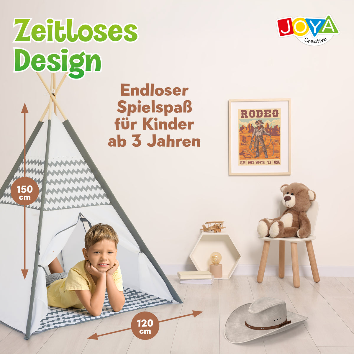 Joya Creative Tipi-Zelt für Kinder – Wigwam-Spielzelt mit Bodenmatte und FSC-Holzstangen