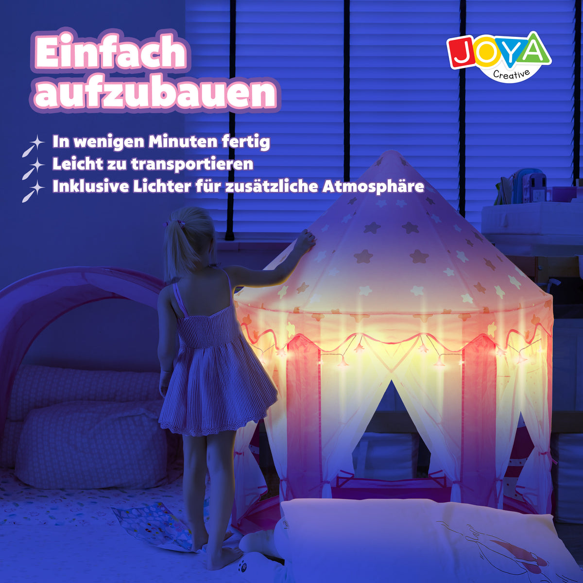 Joya Creative Prinzessinnen-Zelt mit LED-Beleuchtung – Rosafarbenes Spielhaus für Mädchen mit Vorhängen