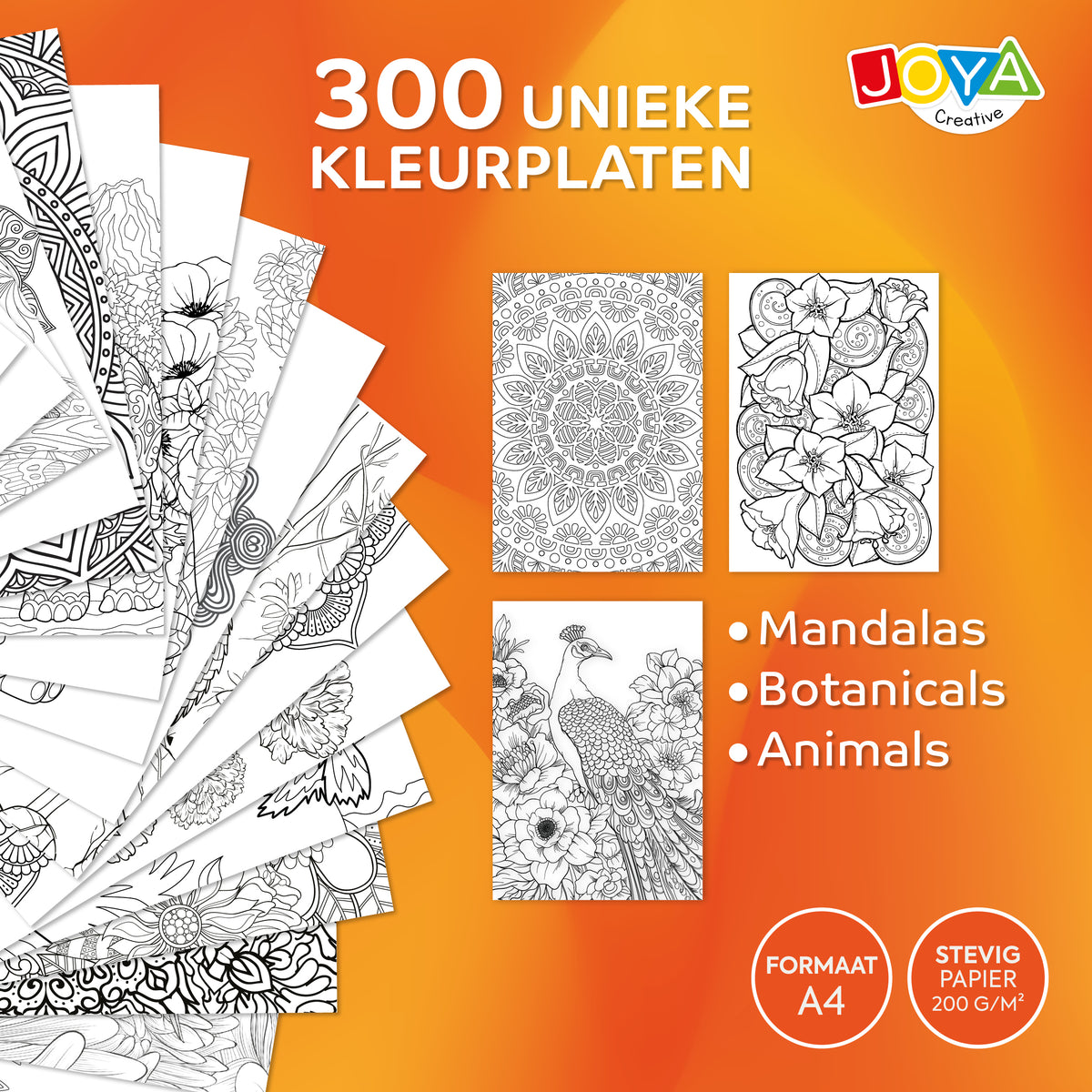 Joya Creative Luxe Kleurboek voor Volwassenen A4 – 300 Kleurplaten met Mandala's, Dieren & Botanische Illustraties