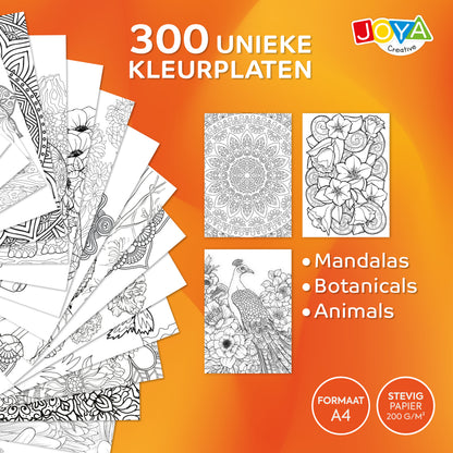Joya Creative Luxe Kleurboek voor Volwassenen A4 – 300 Kleurplaten met Mandala's, Dieren & Botanische Illustraties