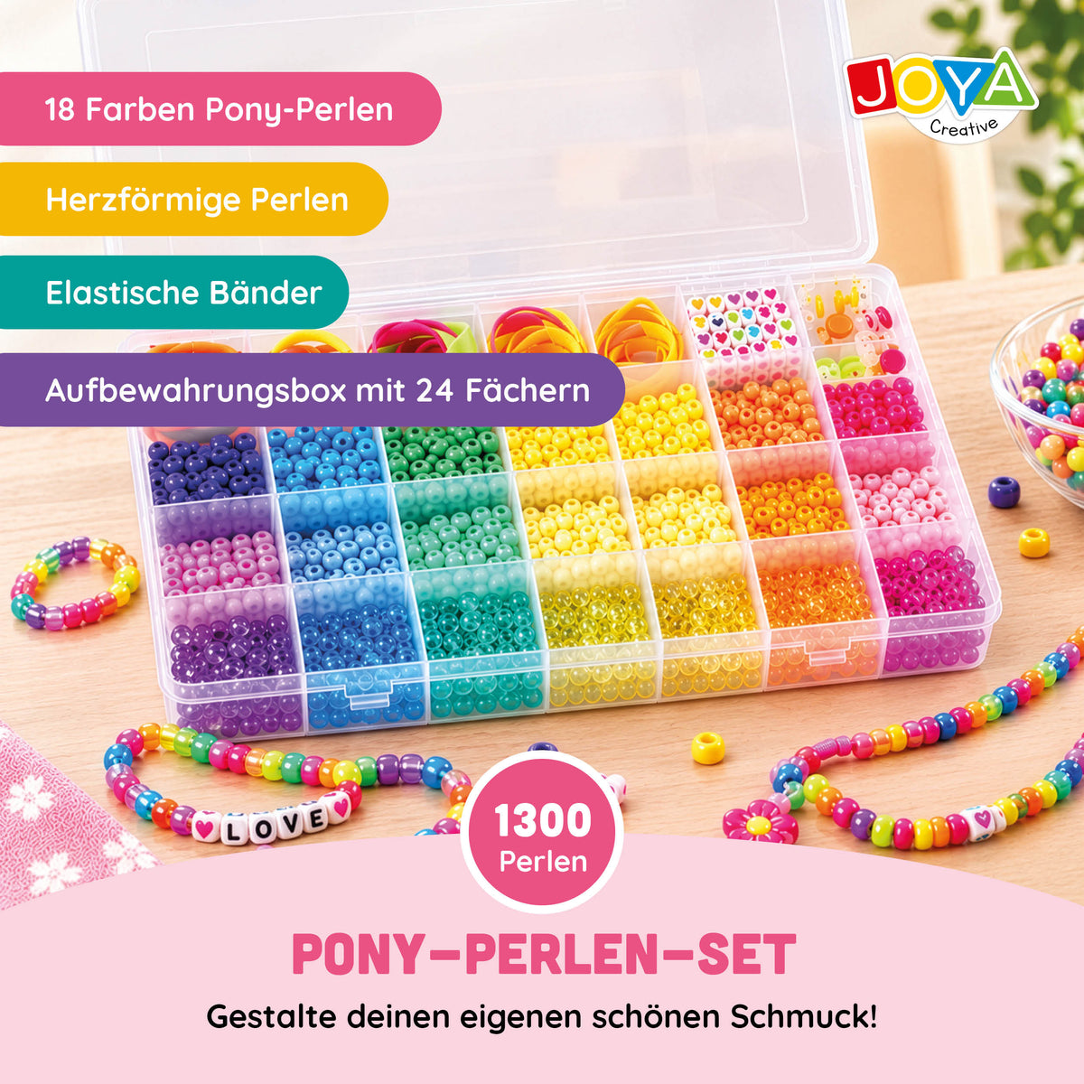 Joya Kreative Pony Perlen Bastelset 1300 Teile – Armbänder Selber Machen mit Herzperlen, Verschlüssen und Aufbewahrungsbox