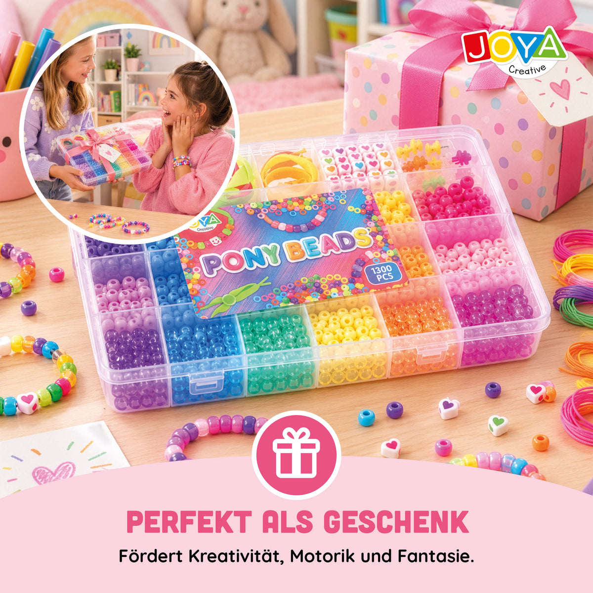 Joya Kreative Pony Perlen Bastelset 1300 Teile – Armbänder Selber Machen mit Herzperlen, Verschlüssen und Aufbewahrungsbox