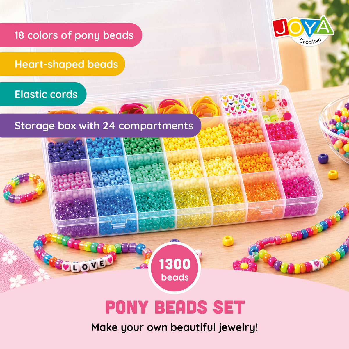 Joya Creative Pony Beads Set 1300 Pieces – Make Bracelets with Heart Beads, Clasps and Storage Box