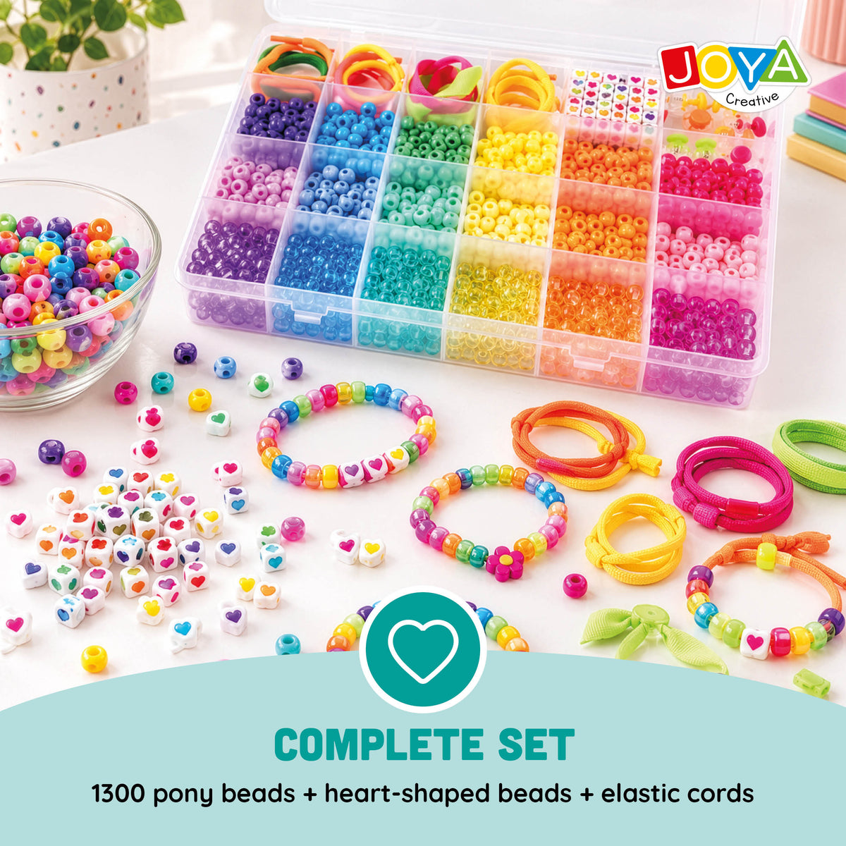 Joya Creative Pony Beads Set 1300 Pieces – Make Bracelets with Heart Beads, Clasps and Storage Box