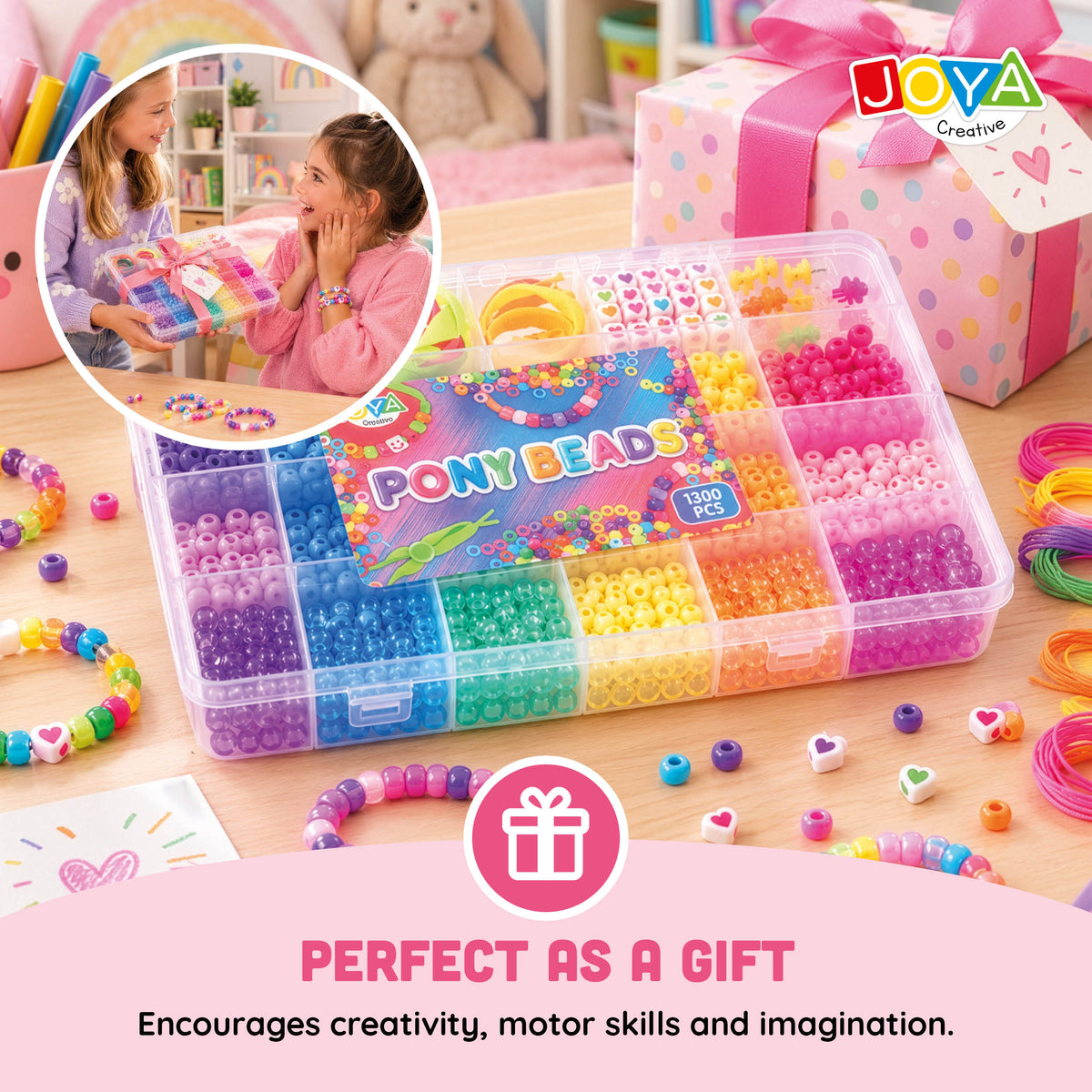 Joya Creative Pony Beads Set 1300 Pieces – Make Bracelets with Heart Beads, Clasps and Storage Box