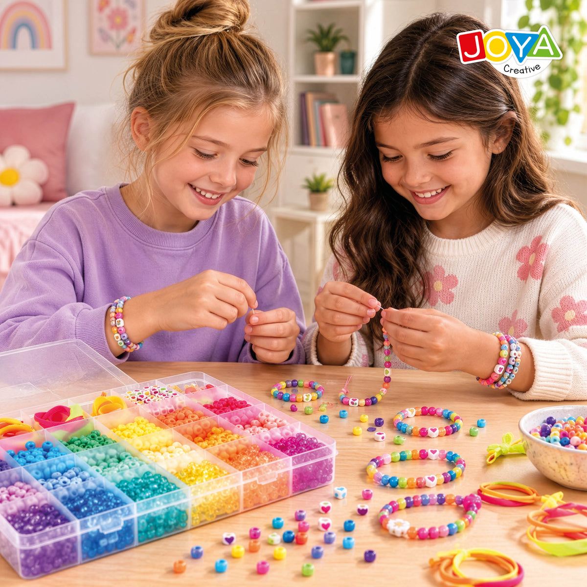 Joya Creative Set de cuentas Pony Beads de 1300 piezas – Haz pulseras con cuentas de corazones, cierres y caja de almacenamiento