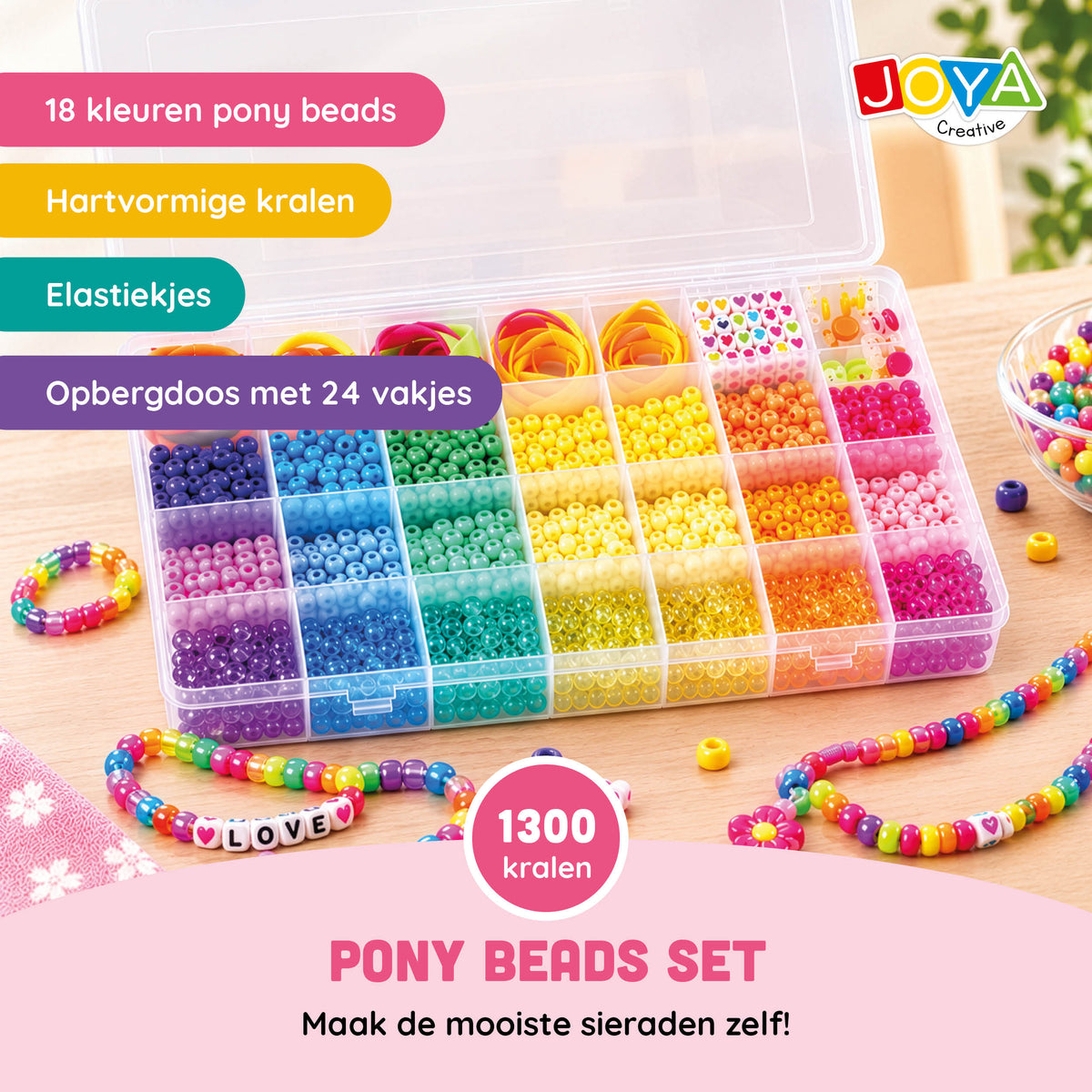 Joya Creative Set de cuentas Pony Beads de 1300 piezas – Haz pulseras con cuentas de corazones, cierres y caja de almacenamiento