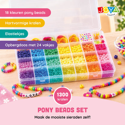 Joya Creative Set de cuentas Pony Beads de 1300 piezas – Haz pulseras con cuentas de corazones, cierres y caja de almacenamiento