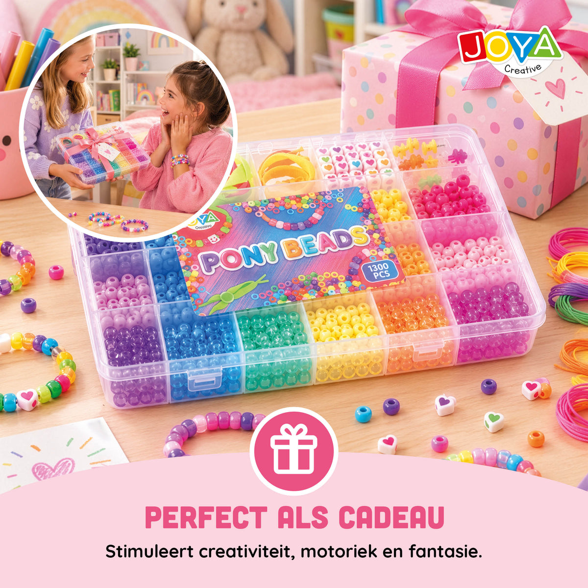 Joya Creative Set de cuentas Pony Beads de 1300 piezas – Haz pulseras con cuentas de corazones, cierres y caja de almacenamiento