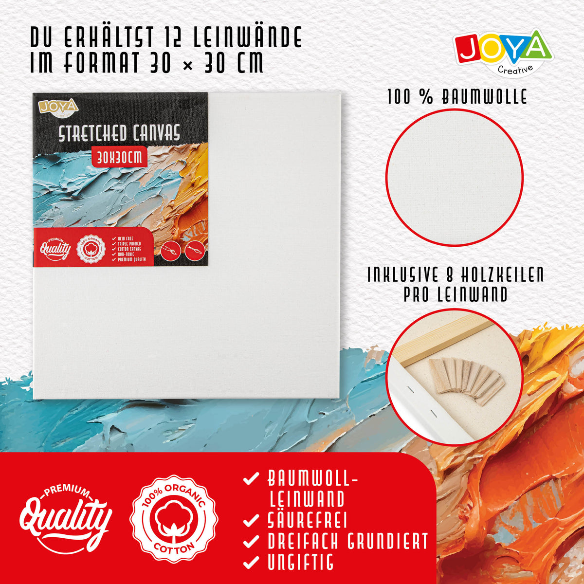 Joya Creative Leinwände 30x30 cm – 12er-Set aus 100 % Baumwolle für Acrylfarben, Ölfarben und Maltechniken
