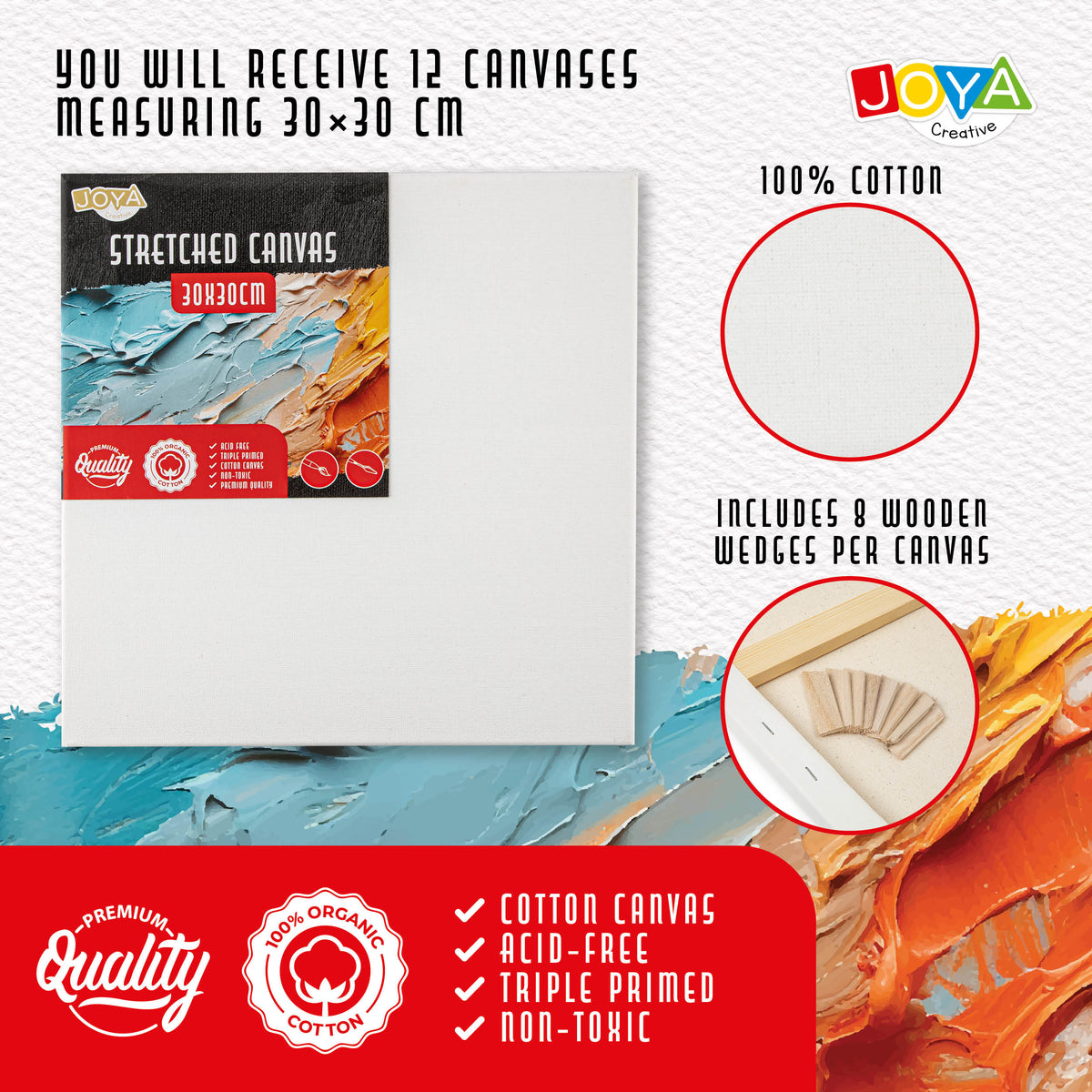 Joya Creative Canvas Boards 30x30 cm – Set of 12 100% Cotton Canvas for Acrylic Paint, Oil Paint, and Painting Techniques