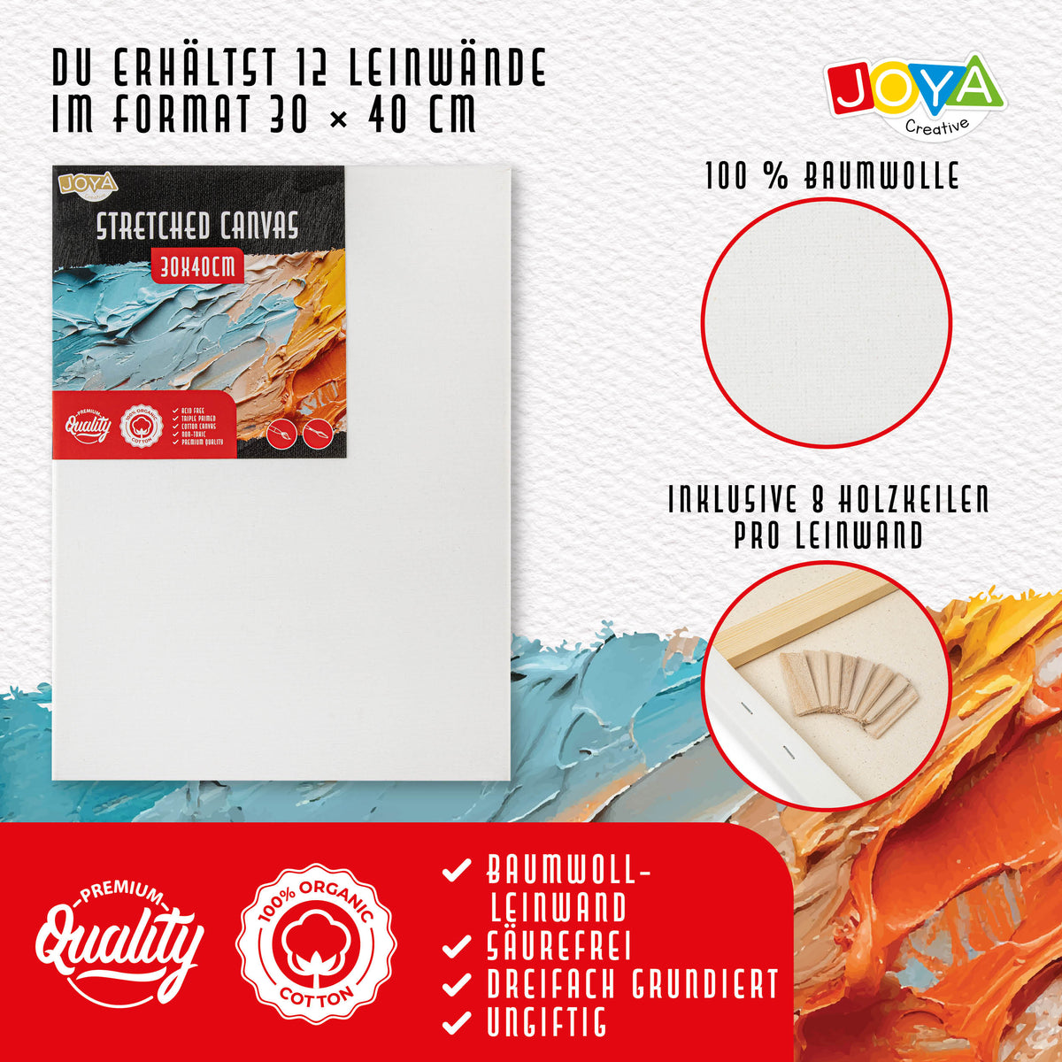 Joya Creative Leinwände 30x40 cm – 12er-Set Leinwände aus 100% Baumwolle für Acrylfarben, Ölfarben und Maltechniken