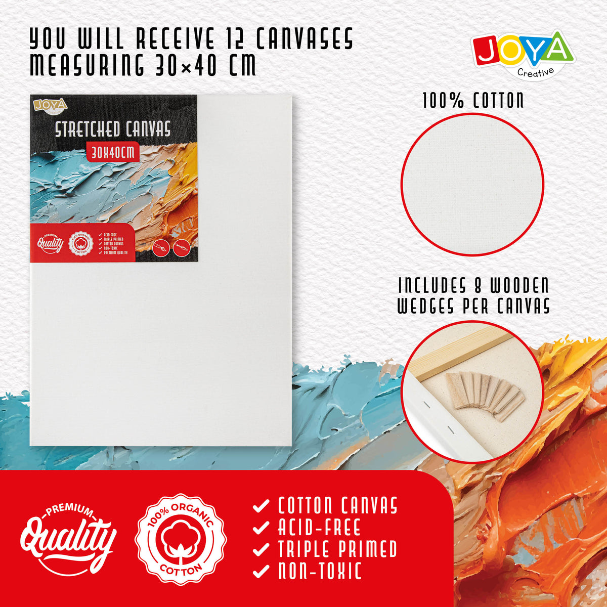 Joya Creative Canvas Panels 30x40 cm – Set of 12 100% Cotton Canvas Boards for Acrylic Paint, Oil Paint and Painting Techniques