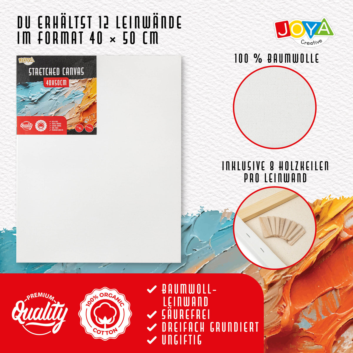 Joya Creative Keilrahmen 40x50 cm – 12er-Set Leinwände aus 100% Baumwolle für Acrylfarbe, Ölfarbe und Maltechniken