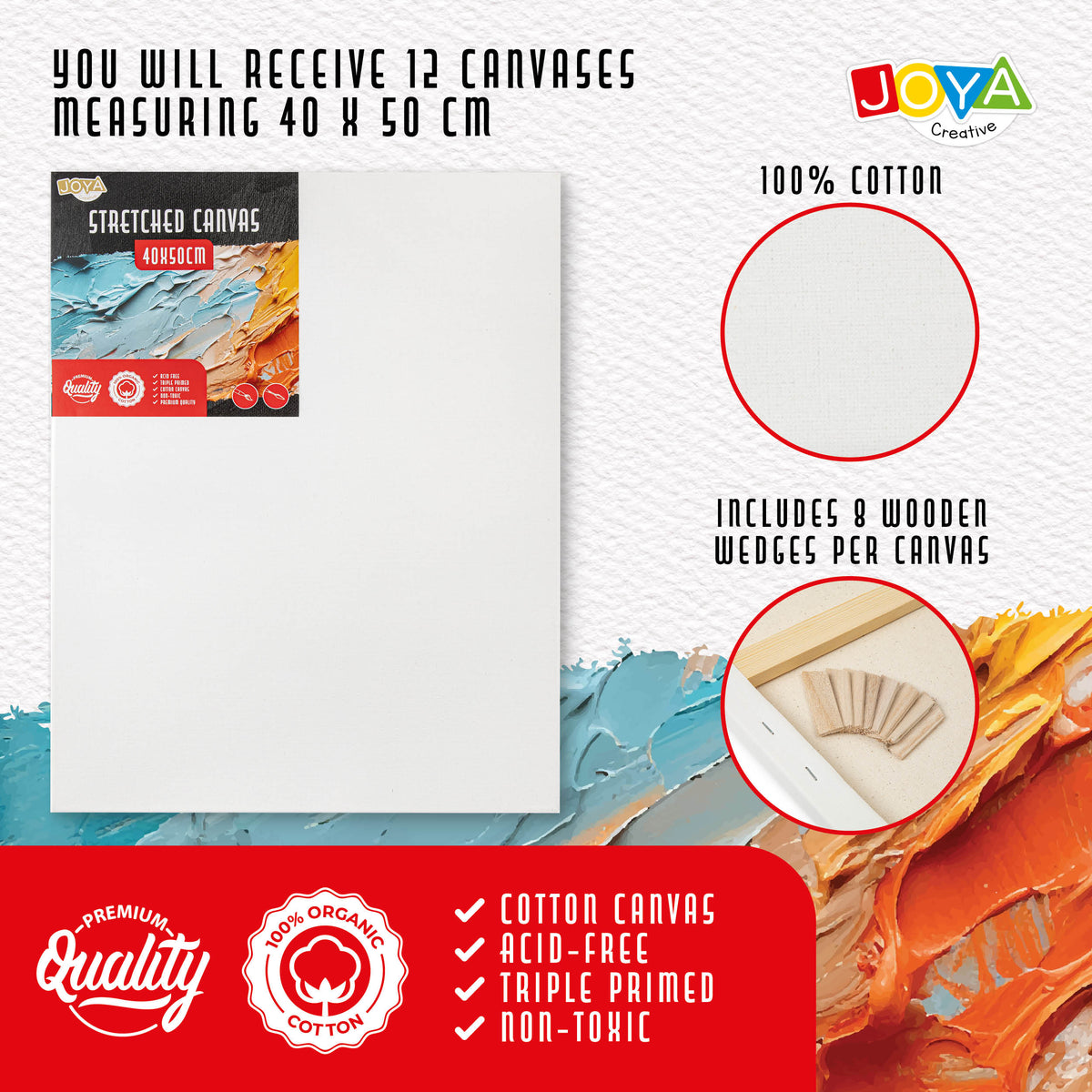 Joya Creative Canvas Boards 40x50 cm – Set of 12 100% Cotton Canvas Boards for Acrylic Paint, Oil Paint and Painting Techniques