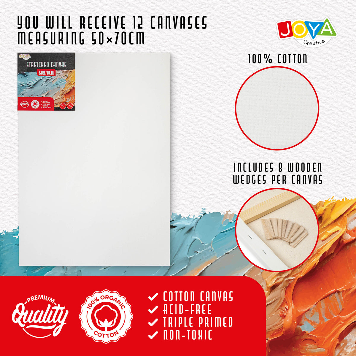 Canvases Size 50x70 cm - 12 pieces - Canvas Boards and Canvas Panels - 100% Cotton - For Acrylic Paint, Oil Paint and Painting Techniques - Joya Creative