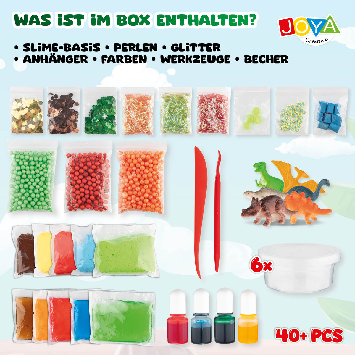Joya Creative Dino Schleim-Set 40-teilig – Komplettes Schleim-Bastelset für Kinder mit Dinosauriern und Zubehör