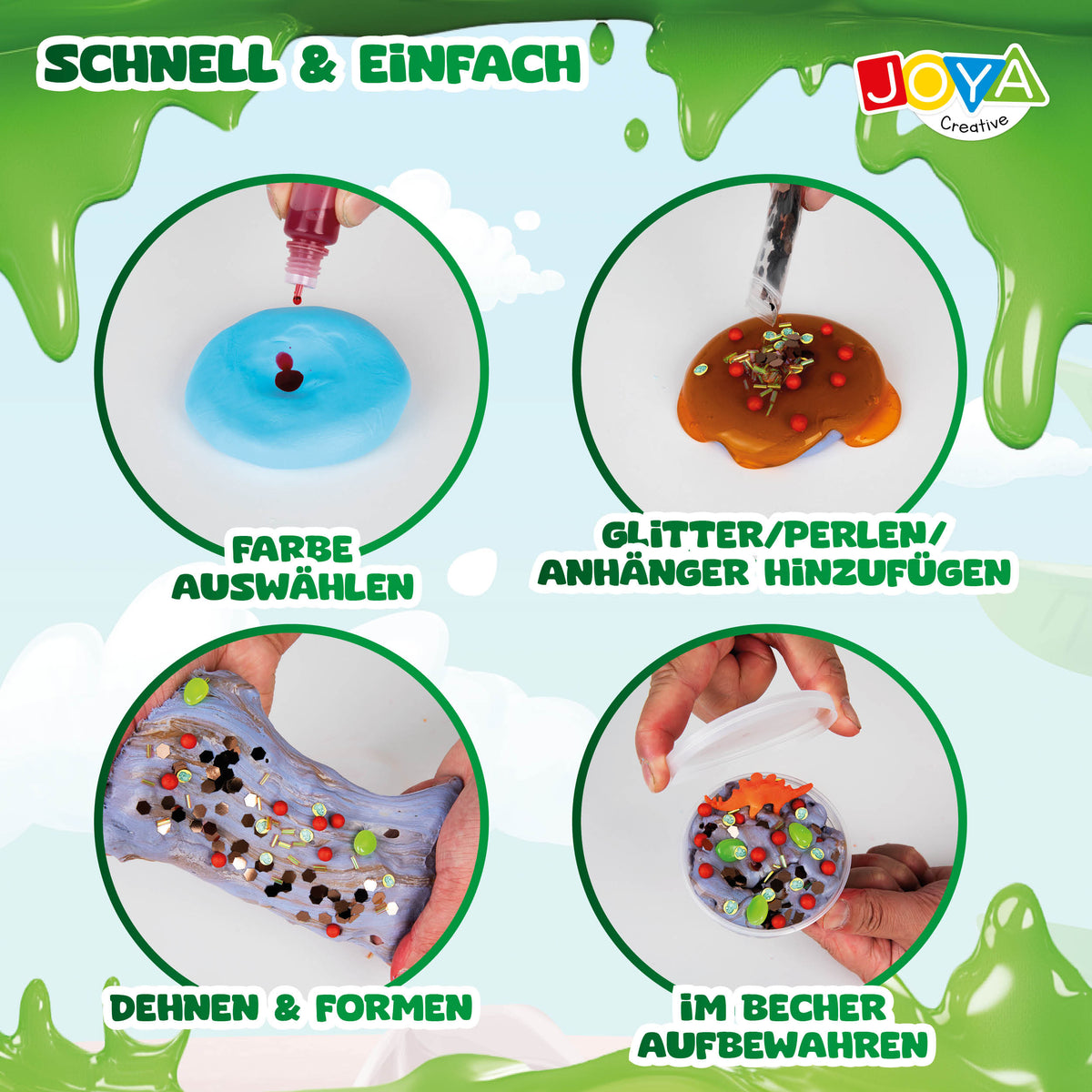 Joya Creative Dino Schleim-Set 40-teilig – Komplettes Schleim-Bastelset für Kinder mit Dinosauriern und Zubehör