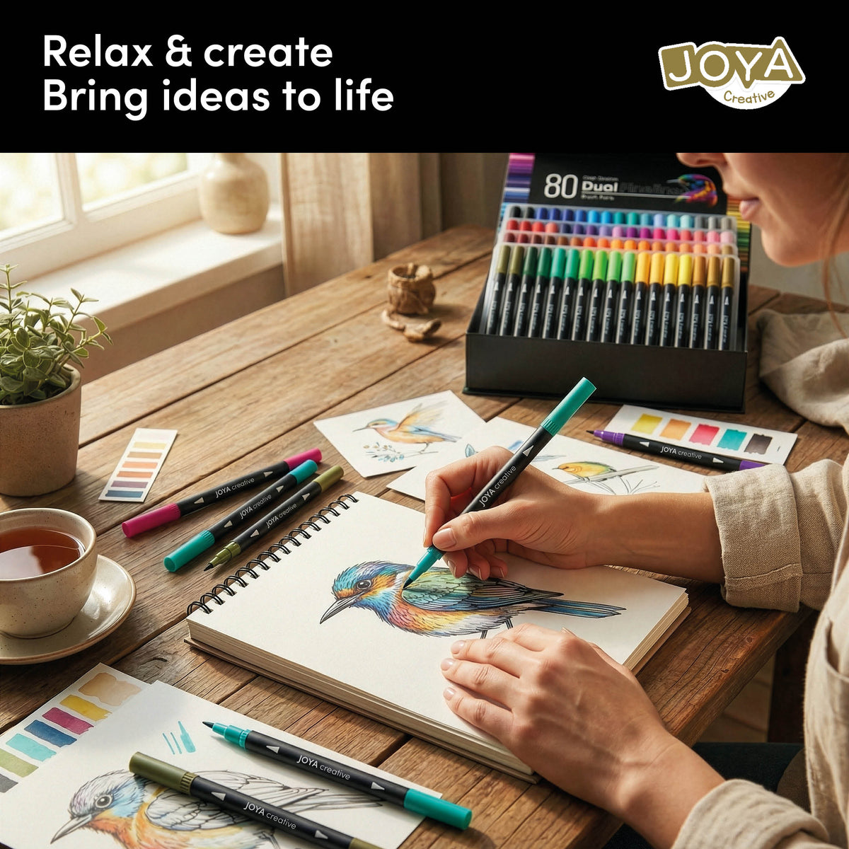 Joya Creative Dual Fineliners & Brush Pens Set 80 Pieces – Markers for Hand Lettering, Bullet Journaling and Drawing