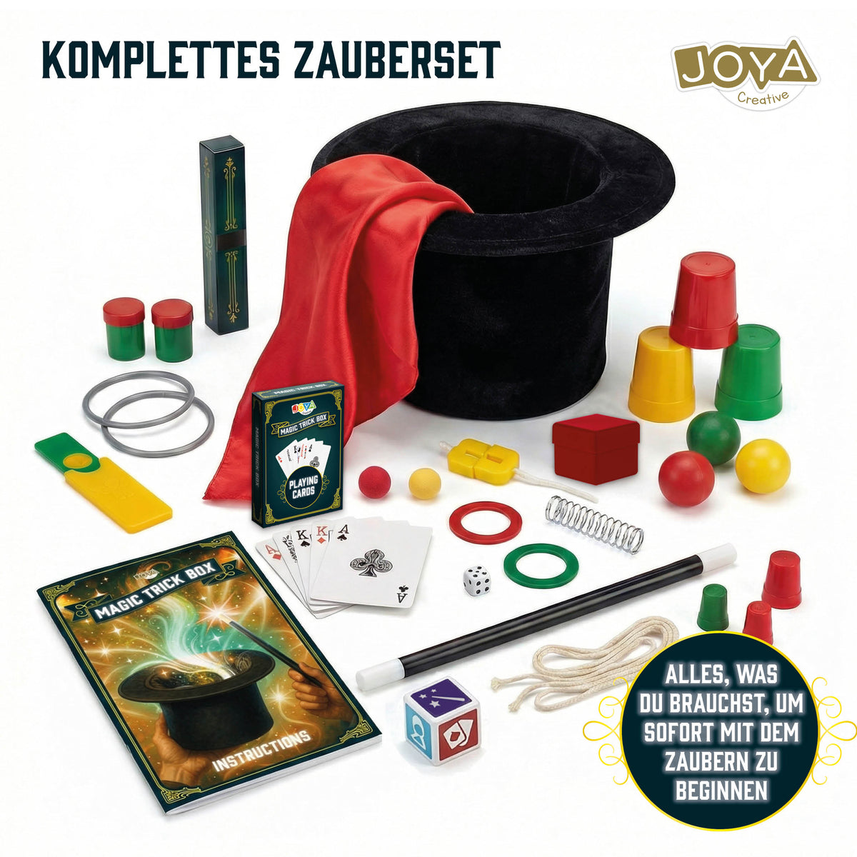 Joya Creative Zauberkasten mit luxuriösem Samt-Zauberhut – komplettes Zauberset für Kinder inklusive Anleitungsbuch