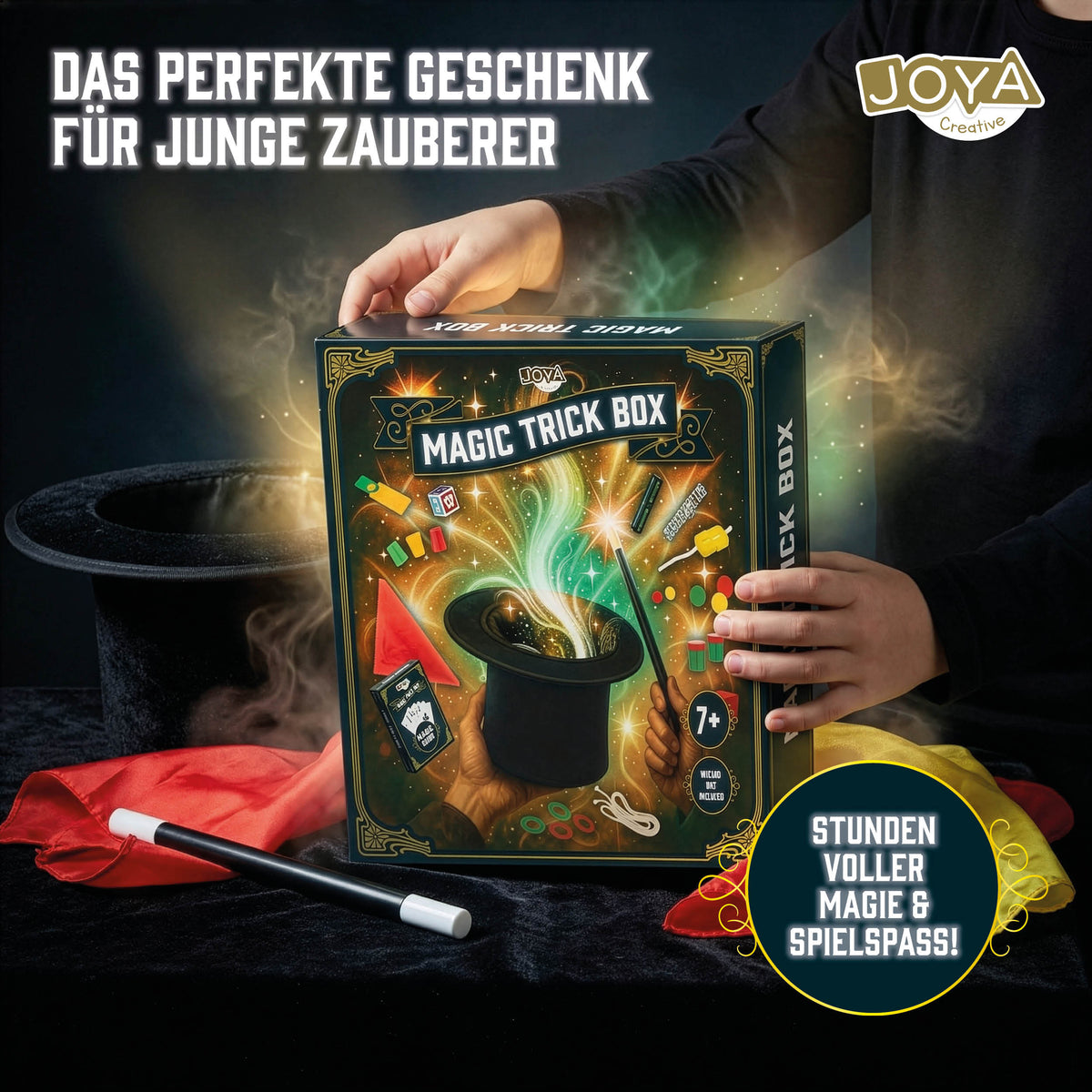 Joya Creative Zauberkasten mit luxuriösem Samt-Zauberhut – komplettes Zauberset für Kinder inklusive Anleitungsbuch