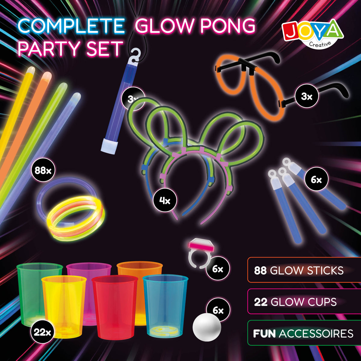 Joya Creative Set de beer pong que brilla en la oscuridad – Juego de fiesta con 22 vasos reutilizables que brillan, 88 barras luminosas y accesorios