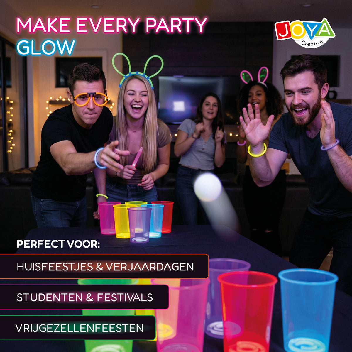 Joya Creative Set de beer pong que brilla en la oscuridad – Juego de fiesta con 22 vasos reutilizables que brillan, 88 barras luminosas y accesorios
